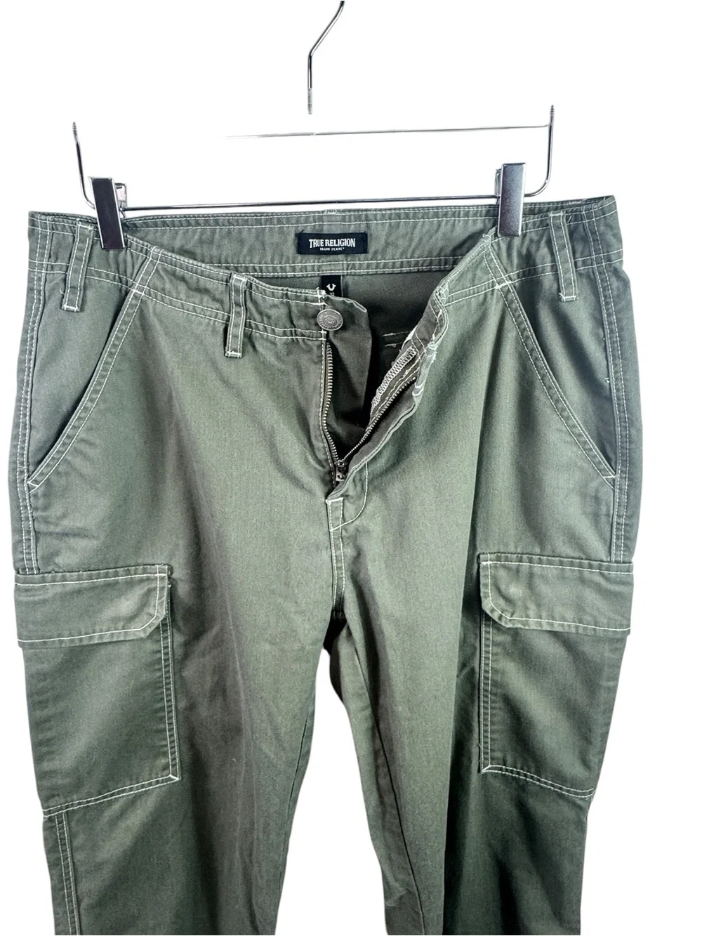 True Religion Baggy Cargo Pants Kalamata Green Contrast Stitch Size 32